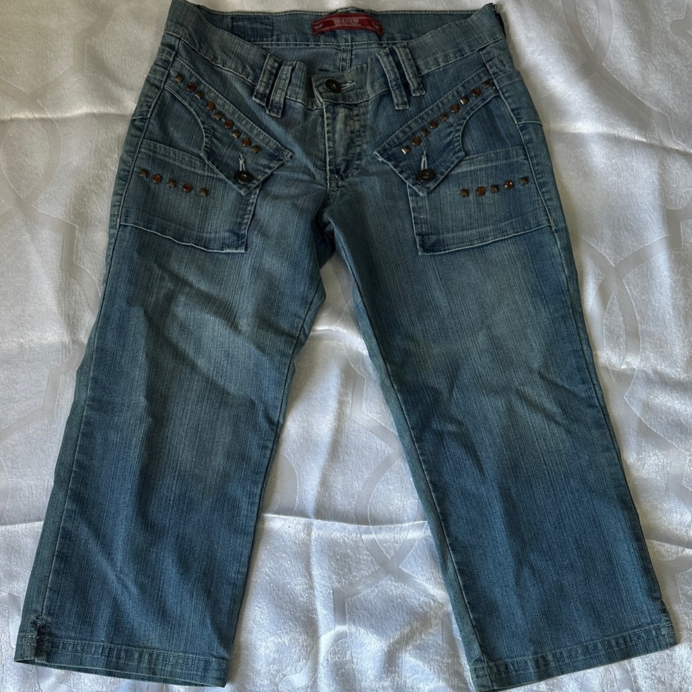Trendy Blue Cropped Jeans with Stud Accents